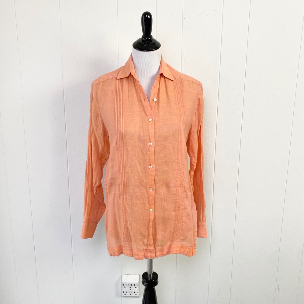 VTG USA Made Leggiadro Orange Linen Pintuck Button Down Shirt Women's Size Small